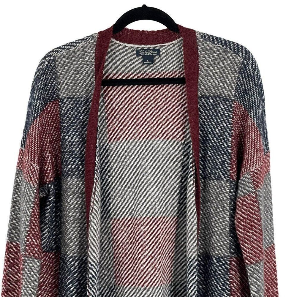 Lucky Brand Alpaca Wool Mohair Blend Check Open Front Cardigan Sweater Large - Picture 4 of 14